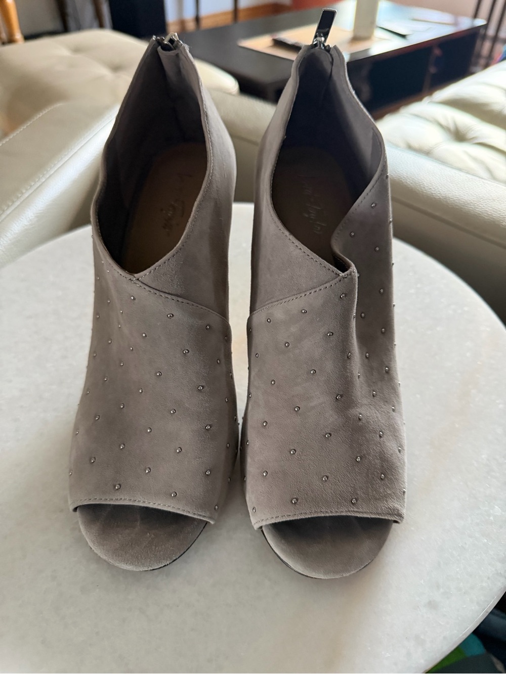 Lord & Taylor Grey Suede Studded Peep-Toe Bootie Heels (Size 8.5M)